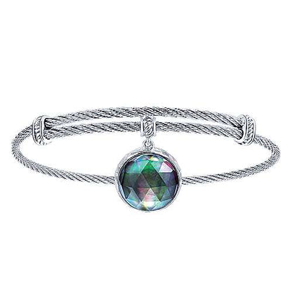 Adjustable Twisted Cable Stainless Steel Bangle with Round Sterling Silver Rock Crystal/Black MOP Pearl Charm