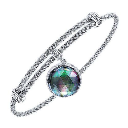 Adjustable Twisted Cable Stainless Steel Bangle with Round Sterling Silver Rock Crystal/Black MOP Pearl Charm
