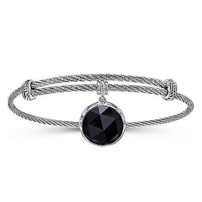 Adjustable Twisted Cable Stainless Steel Bangle with Round Sterling Silver Rock Crystal/Black Onyx Charm