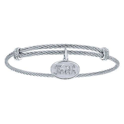 Adjustable Twisted Cable Stainless Steel Bangle with Sterling Silver Diamond Faith Charm