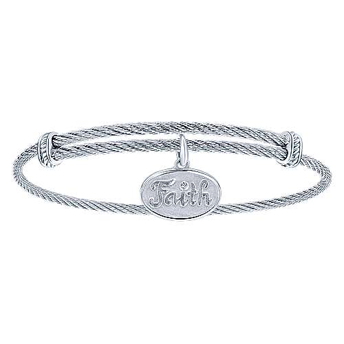 Adjustable Twisted Cable Stainless Steel Bangle with Sterling Silver Diamond Faith Charm