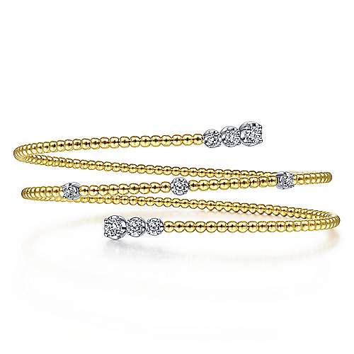 14K Yellow Gold Bujukan Bead Wrap Bracelet with White Gold Diamond Stations