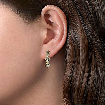 14K Yellow Gold Twisted Layered 20mm Diamond Hoop Earrings