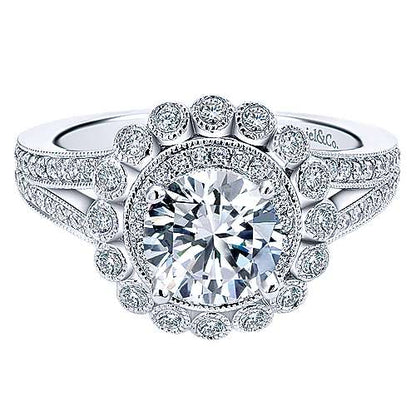 Vintage Inspired 14k White Gold Round Double Halo Diamond Engagement Ring (Setting Only)