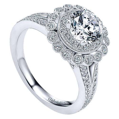 Vintage Inspired 14k White Gold Round Double Halo Diamond Engagement Ring (Setting Only)