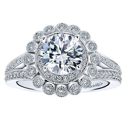 Vintage Inspired 14k White Gold Round Double Halo Diamond Engagement Ring (Setting Only)