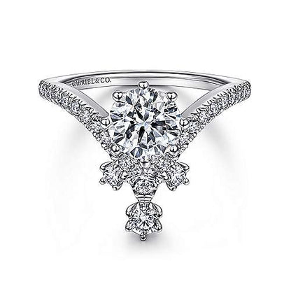 14K White Gold Round V Shape Diamond Engagement Ring (Setting Only)