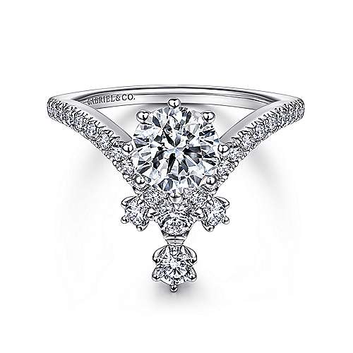 14K White Gold Round V Shape Diamond Engagement Ring (Setting Only)