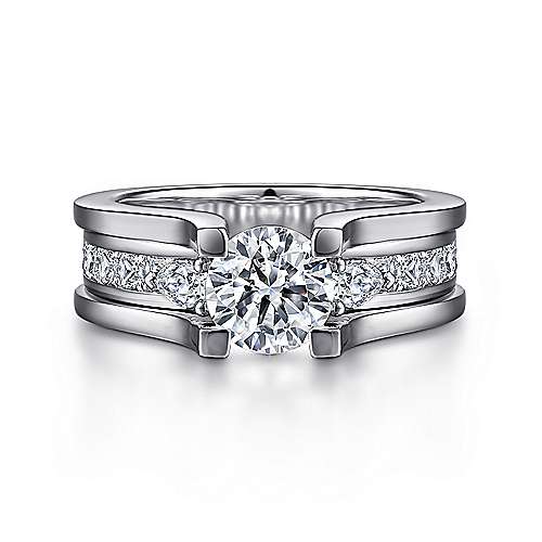 14K White Gold Wide Band Round Diamond Engagement Ring (Setting Only)