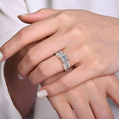 14K White Gold Wide Band Round Diamond Engagement Ring (Setting Only)
