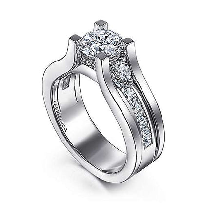 14K White Gold Wide Band Round Diamond Engagement Ring (Setting Only)