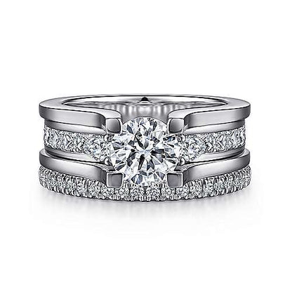 14K White Gold Wide Band Round Diamond Engagement Ring (Setting Only)