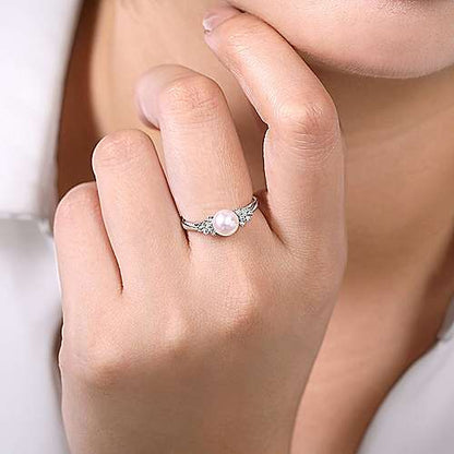 14K Classic Cultured Pearl Diamond Accented Stackable Ring