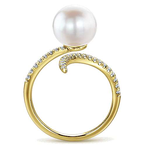14K Yellow Gold Pave Diamond & Cultured Pearl Ring