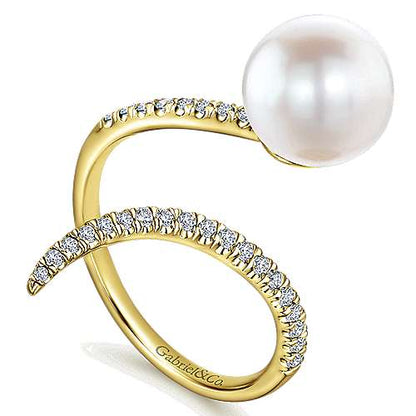 14K Yellow Gold Pave Diamond & Cultured Pearl Ring