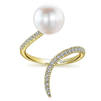 14K Yellow Gold Pave Diamond & Cultured Pearl Ring