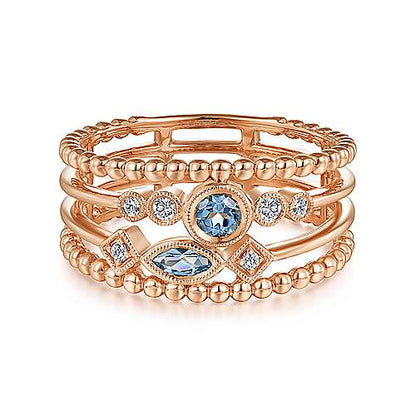 14K Swiss Blue Topaz and Diamond Multi Row Ring