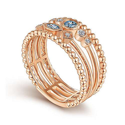 14K Swiss Blue Topaz and Diamond Multi Row Ring