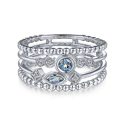 14K Swiss Blue Topaz and Diamond Multi Row Ring