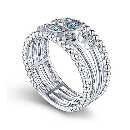 14K Swiss Blue Topaz and Diamond Multi Row Ring