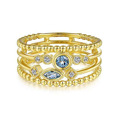 14K Swiss Blue Topaz and Diamond Multi Row Ring