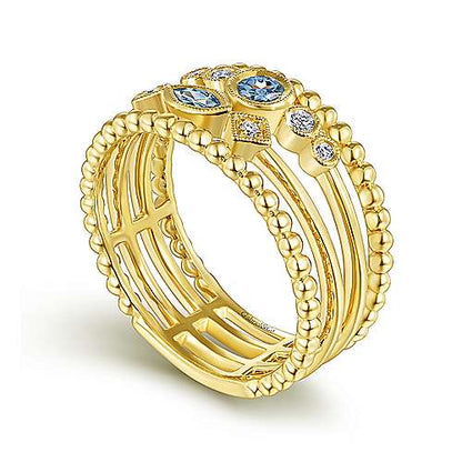 14K Swiss Blue Topaz and Diamond Multi Row Ring