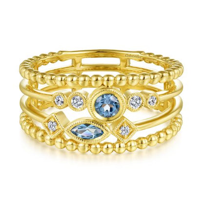 14K Swiss Blue Topaz and Diamond Multi Row Ring