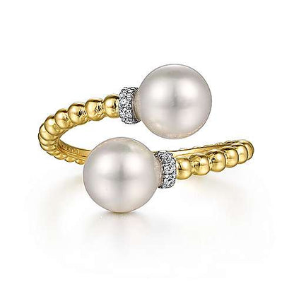 14K White-Yellow Gold Diamond and Pearl Bujukan Bypass Ring