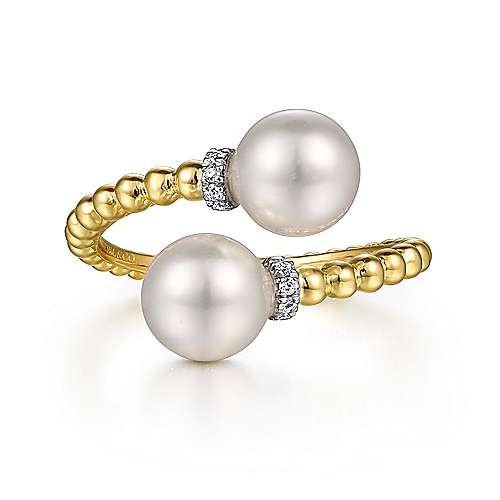 14K White-Yellow Gold Diamond and Pearl Bujukan Bypass Ring