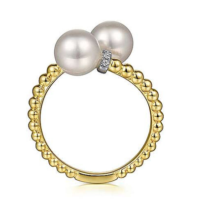 14K White-Yellow Gold Diamond and Pearl Bujukan Bypass Ring