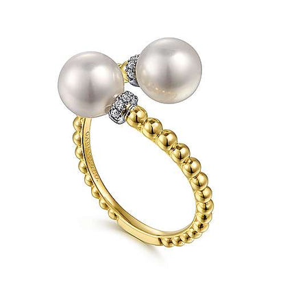14K White-Yellow Gold Diamond and Pearl Bujukan Bypass Ring