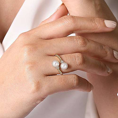 14K White-Yellow Gold Diamond and Pearl Bujukan Bypass Ring