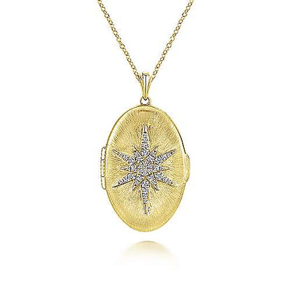 25" 14K Yellow Gold Oval Locket Necklace with Diamond Starburst Overlay