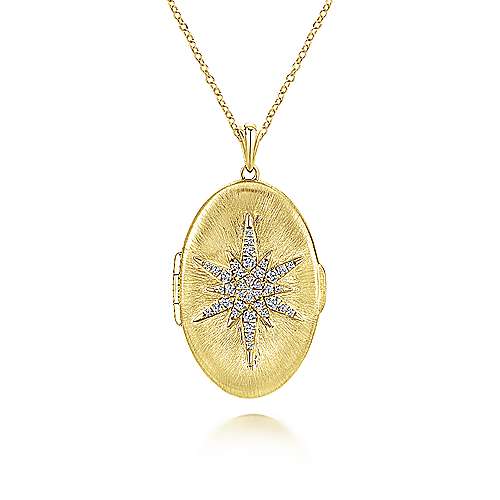 25" 14K Yellow Gold Oval Locket Necklace with Diamond Starburst Overlay