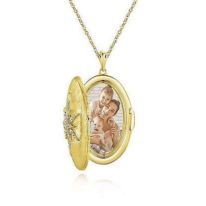 25" 14K Yellow Gold Oval Locket Necklace with Diamond Starburst Overlay