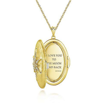 25" 14K Yellow Gold Oval Locket Necklace with Diamond Starburst Overlay