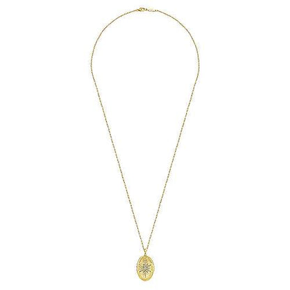 25" 14K Yellow Gold Oval Locket Necklace with Diamond Starburst Overlay