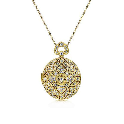 24" Vintage Inspired 14K Round Filigree Diamond Locket Necklace