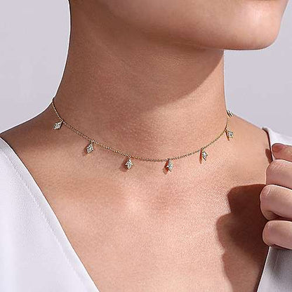 14K White Gold Diamond Choker Necklace with Diamond Kite Drops