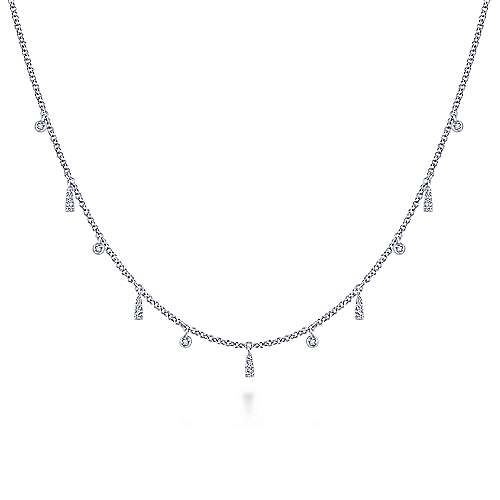 14K White Gold Diamond Choker Necklace with Diamond Bezel and Bar Drops