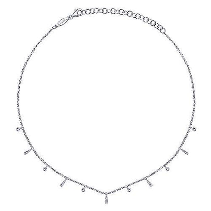 14K White Gold Diamond Choker Necklace with Diamond Bezel and Bar Drops