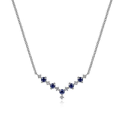14K White Gold Diamond and Sapphire Curved Bar Necklace