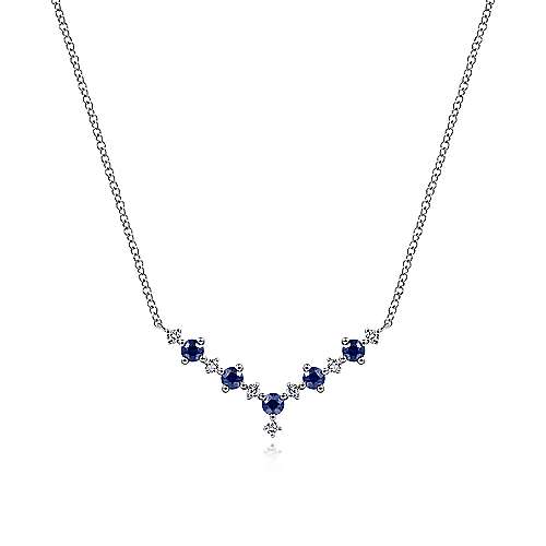 14K White Gold Diamond and Sapphire Curved Bar Necklace