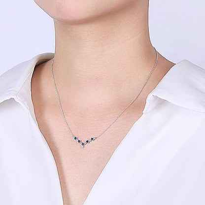 14K White Gold Diamond and Sapphire Curved Bar Necklace