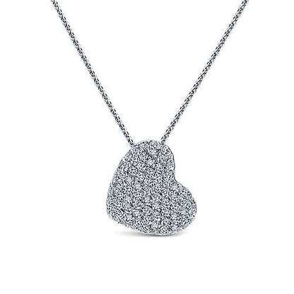14K White Gold Tilted Pave Diamond Heart Pendant Necklace