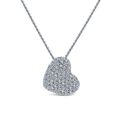 14K White Gold Tilted Pave Diamond Heart Pendant Necklace
