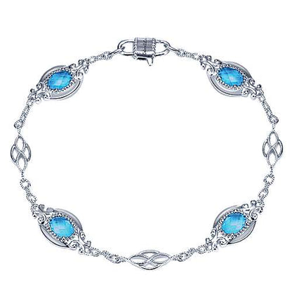 925 Sterling Silver Twisted Chain Bracelet with Oval Blue Topaz Stations