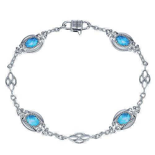 925 Sterling Silver Twisted Chain Bracelet with Oval Blue Topaz Stations
