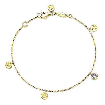 14K Yellow Gold Chain Bracelet with Hammered and Pave Diamond Discs