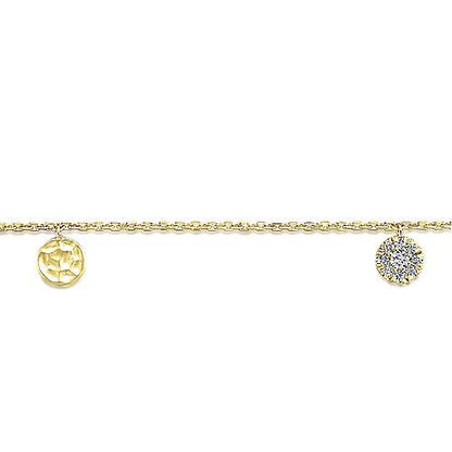 14K Yellow Gold Chain Bracelet with Hammered and Pave Diamond Discs